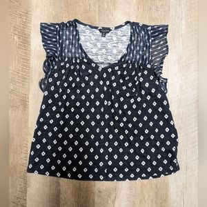 Lucky Brand Flowy Sleeves Top Navy Blue and White